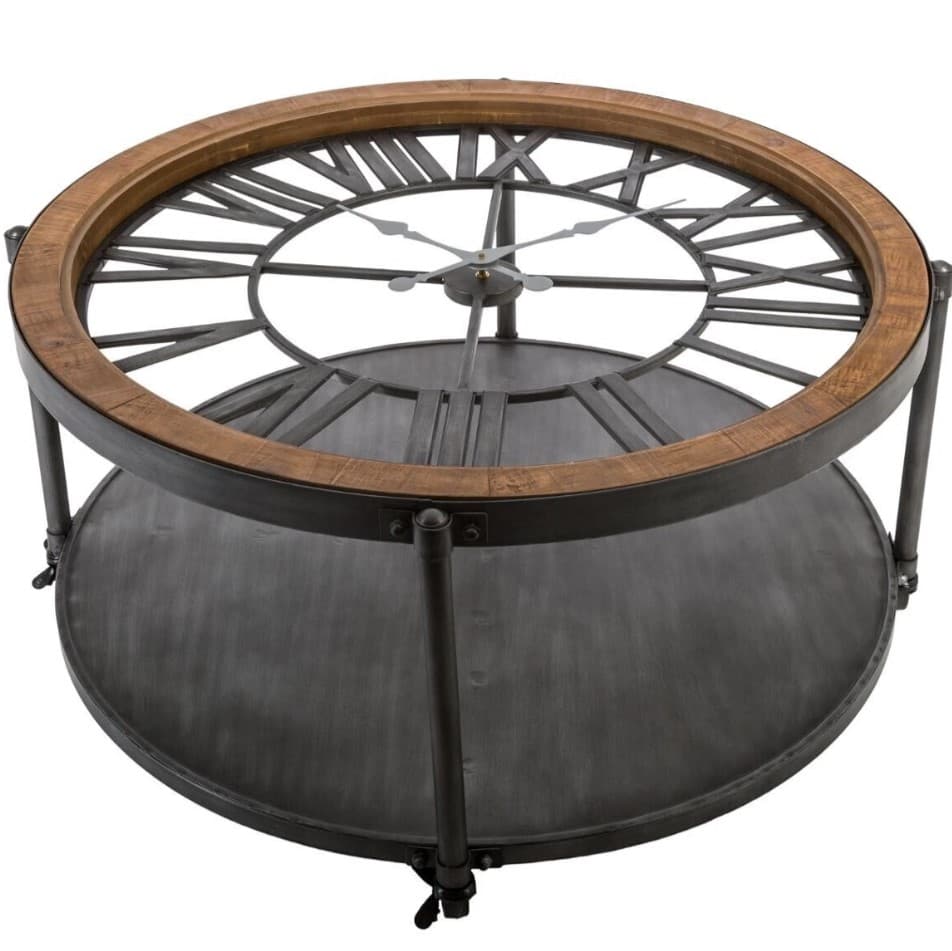 A round, industrial-style coffee table with a dual-tier design. The top tier features a large clock face with Roman numerals and exposed gears, framed by a wooden rim. The lower tier is a solid, circular metal surface. The table is supported by dark metal legs, some of which appear to be equipped with casters. — 3D model