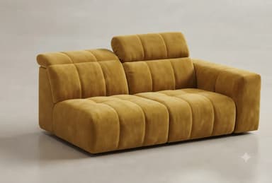 A compact, modern two-seater loveseat upholstered in mustard yellow velvet fabric. It features distinctive channel-tufting across the seat, back, arms, and base, giving it a modular and plush appearance. One side of the backrest is equipped with an adjustable headrest for added comfort. The design has a low profile, offering a contemporary aesthetic. — 3D model
