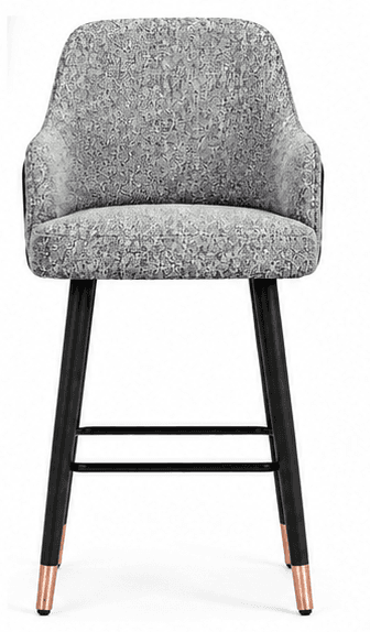 A tall, upholstered bar stool featuring a contoured seat and backrest with integrated armrests, covered in a gray and white patterned fabric. It stands on four tapered black legs with copper-finished feet and includes a black metal footrest. — 3D model