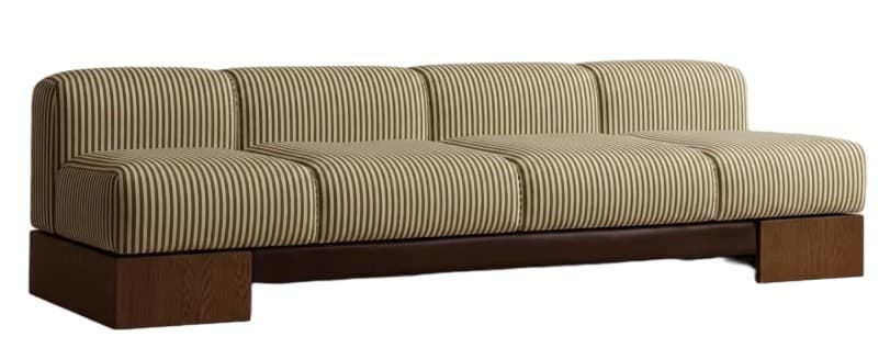 A contemporary sofa featuring a segmented upholstered body with a vertical striped pattern in beige and dark brown. The sofa has a low profile with a plinth base that appears to be upholstered in dark brown material, and prominent block feet constructed from wood with a visible grain. The seat and back cushions are integrated and form a continuous surface with subtle indentations delineating sections. — 3D model