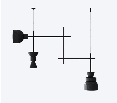 Two contemporary black pendant lights, featuring minimalist geometric forms. One has a wall-mounted component with a directional shade and a smaller hanging element, while the other is fully suspended with a bell-shaped shade and a clear base. Both integrate linear black rods into their design. — 3D model