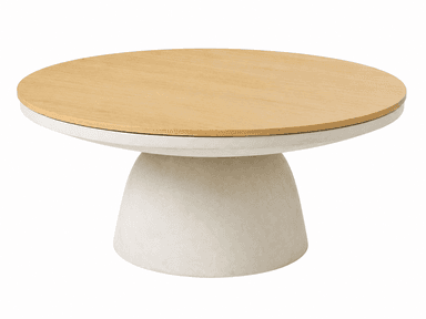 A round coffee table featuring a light-toned wooden top and a sturdy, textured concrete-effect pedestal base with an organic, sculptural form. — 3D model