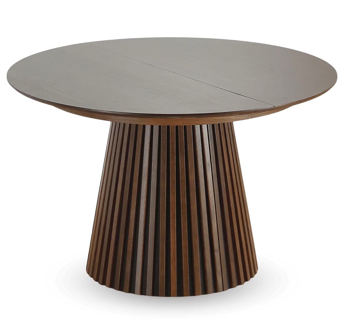 A round, dark-stained wooden dining table featuring a distinctive fluted pedestal base and a top that appears to be segmented, possibly indicating an extendable mechanism. — 3D model