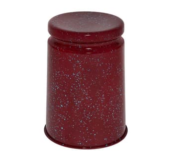 A robust, cylindrical object with a speckled red enamel finish, designed to function as a stool or accent table. It features a flat top surface and a consistent cylindrical body. — 3D model
