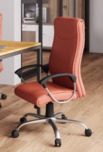 A modern office chair with a high backrest and armrests. The seat and backrest are upholstered in a textured, coral-colored fabric. It features a five-star base with casters for mobility and a central column for height adjustment. — 3D model