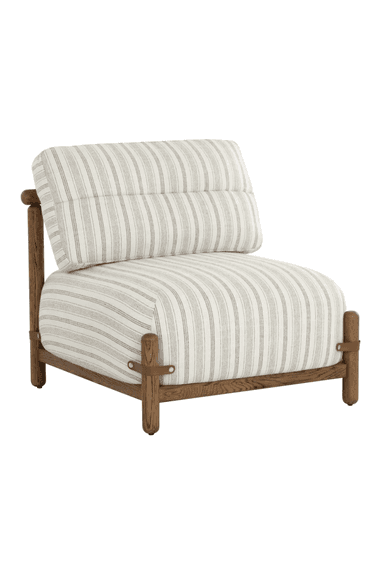 A single armchair with a wooden frame and upholstered seating and backrest. The upholstery features a vertical stripe pattern in white and gray. The frame is constructed from thick, round wooden legs and horizontal supports, with additional leather straps securing the backrest. — 3D model