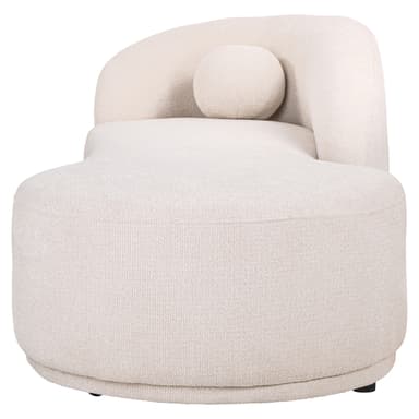 A modern chaise lounge with a curved backrest and a rolled armrest on the left side. It features a rounded form and is upholstered in a textured fabric. A small, cylindrical bolster pillow is positioned on the left side of the chaise. — 3D model