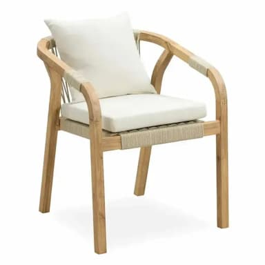 A modern armchair with a wooden frame and woven rope details on the seat and back support. It includes cushioned seating and a back pillow, both in a neutral off-white color. The wooden frame has a natural, light brown finish. — 3D model