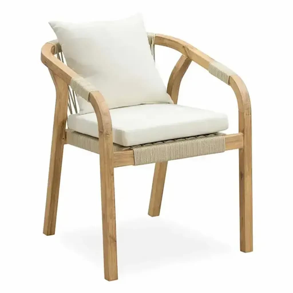 A modern armchair with a wooden frame and woven rope details on the seat and back support. It includes cushioned seating and a back pillow, both in a neutral off-white color. The wooden frame has a natural, light brown finish. — 3D model