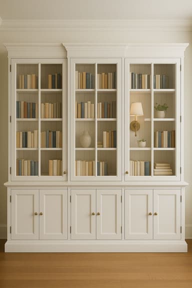 A tall, white wooden bookcase with glass-fronted upper shelves displaying books and decorative items, and solid paneled doors on the lower section. The bookcase features multiple compartments for storage and display, with gold-toned hardware on the doors. — 3D model