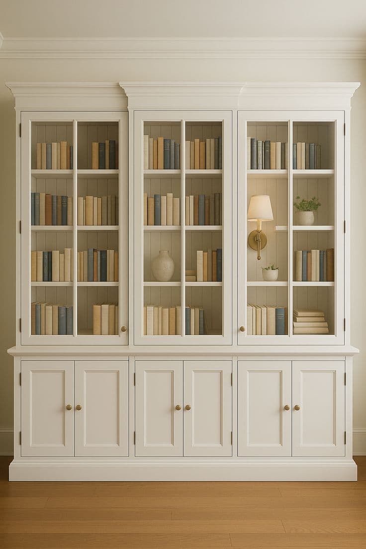 A tall, white wooden bookcase with glass-fronted upper shelves displaying books and decorative items, and solid paneled doors on the lower section. The bookcase features multiple compartments for storage and display, with gold-toned hardware on the doors. — 3D model