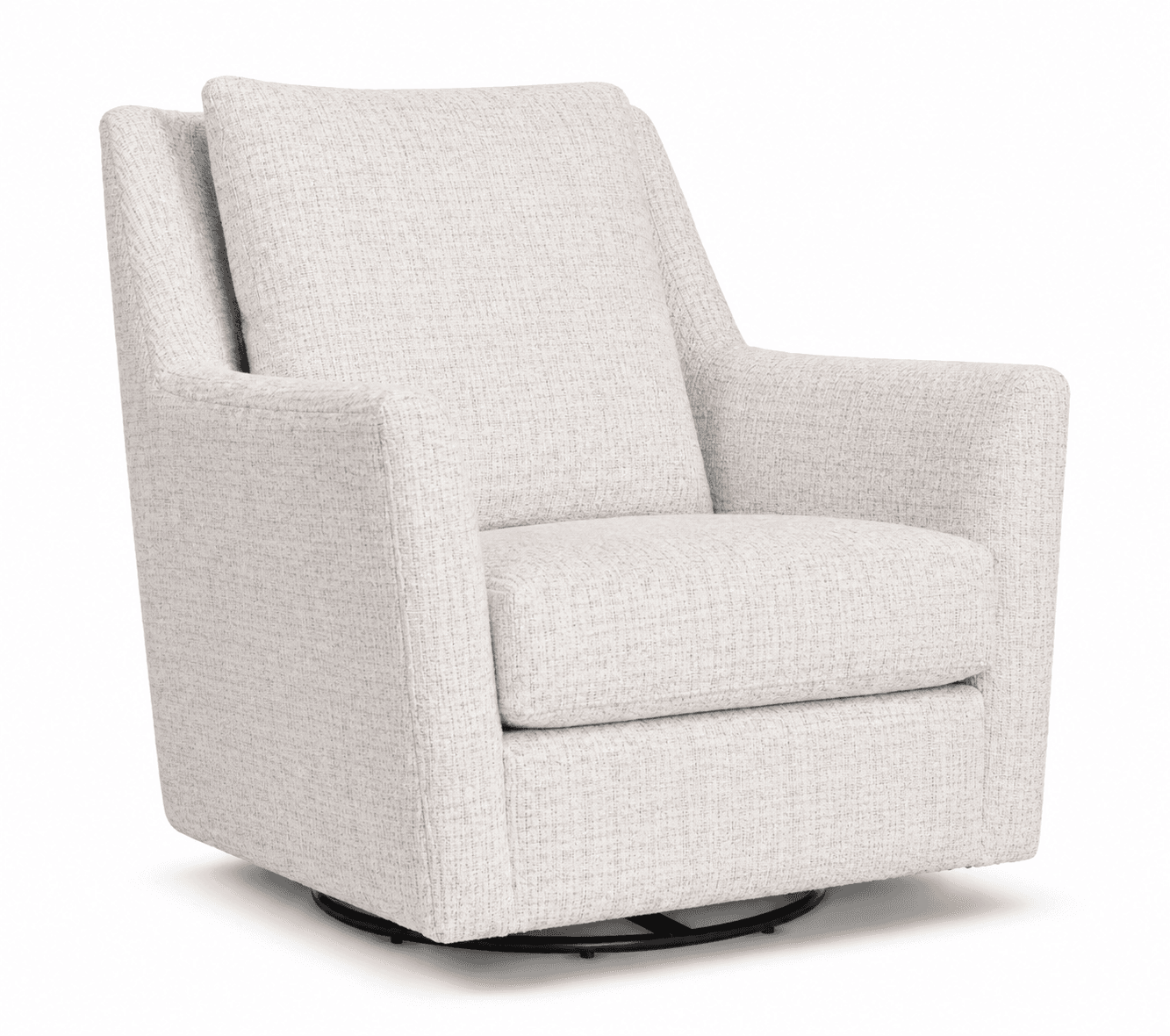 A contemporary upholstered swivel armchair featuring a textured, light beige fabric. The chair has integrated track arms, a loose back cushion, and a fixed seat cushion. It is supported by a visible circular black metal swivel base. — 3D model
