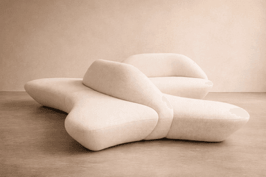 A modular sofa with an organic, curvilinear design, upholstered in a textured boucle fabric. The sofa appears to be composed of multiple connected units, creating an unusual, flowing silhouette that deviates from traditional sofa forms. The front section has a low profile with rounded edges, while the back section features a more upright, curved backrest. — 3D model
