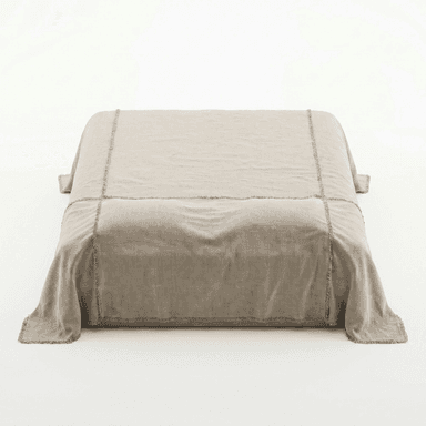 A bed with a taupe-colored duvet or comforter that appears to be made of linen. The bedding has a raw, frayed edge detail along the seams and the overhang. — 3D model