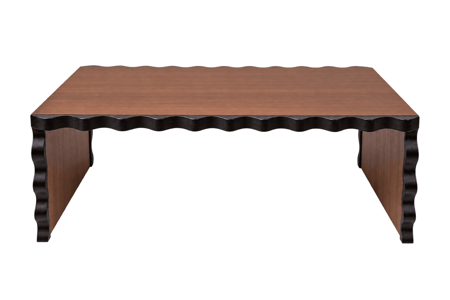 A rectangular coffee table with a two-tone design, featuring distinctive wavy or scalloped edges on the tabletop and the supporting leg panels. The top surface is a lighter wood tone, while the wavy edges and supports are a darker wood. — 3D model