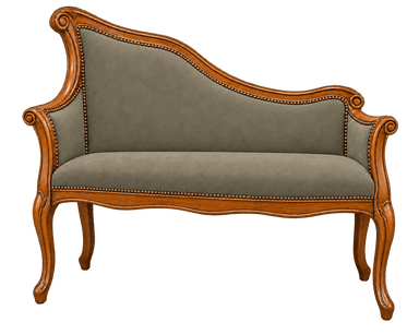 A two-seater settee featuring an exposed, ornate carved wooden frame with a polished finish. The design includes curvilinear forms, scrollwork, and cabriole legs. The seat, back, and arms are upholstered in a plain, muted grey-green fabric, meticulously outlined with decorative brass nailhead trim. The overall aesthetic is characteristic of Rococo Revival style furniture. — 3D model