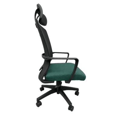 An ergonomic office chair featuring a high backrest and headrest, both constructed with black mesh for breathability. The chair has a molded plastic frame, visible lumbar support structure, and a five-star base with casters for mobility. The overall design is modern and functional. — 3D model