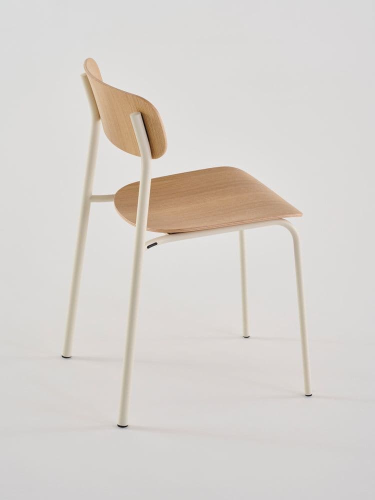 A modern chair featuring a light wooden seat and backrest on a cream-colored metal frame, designed with a minimalist aesthetic. — 3D model