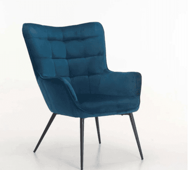 A contemporary accent chair featuring a high backrest and integrated armrests, upholstered in a deep teal fabric with square tufting on the backrest. The chair is supported by four slender, splayed black metal legs. — 3D model