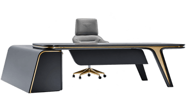 A sleek, modern desk featuring an asymmetrical design with a long, rectangular desktop in matte black, contrasted by golden-toned edge banding. The desk is supported on one side by an integrated, curved storage cabinet in matching matte black, and on the other by a stylized, angled tripod-like leg structure with golden accents. The overall aesthetic is minimalist and contemporary. — 3D model