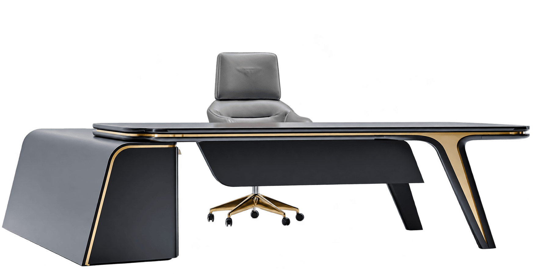 A sleek, modern desk featuring an asymmetrical design with a long, rectangular desktop in matte black, contrasted by golden-toned edge banding. The desk is supported on one side by an integrated, curved storage cabinet in matching matte black, and on the other by a stylized, angled tripod-like leg structure with golden accents. The overall aesthetic is minimalist and contemporary. — 3D model