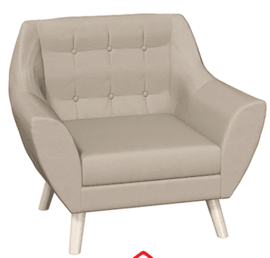 A contemporary armchair upholstered in light beige fabric, featuring a tufted backrest and splayed wooden legs. — 3D model