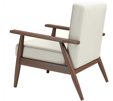 A mid-century modern style armchair featuring a dark wood frame, light-colored upholstered cushions, and button tufting on the backrest. — 3D model