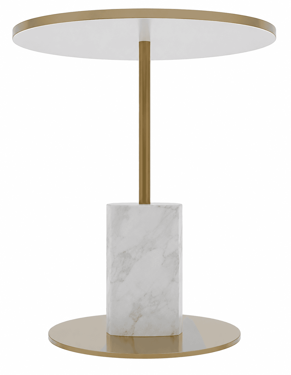 A modern pedestal accent table featuring a round white tabletop with a polished brass-finished edge. The top is supported by a slender, vertical brass-finished metal column that descends into a rectangular block-shaped base made of white marble with natural grey veining. This marble block rests on a broad, flat, round base plate with a matching polished brass finish. The design is minimalist and elegant. — 3D model