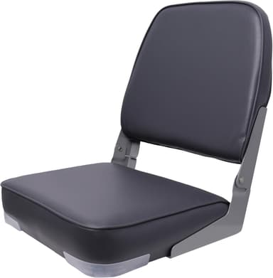 A utilitarian folding boat seat featuring a dark gray padded seat and backrest, supported by a light gray metal frame. The backrest is hinged to fold flat onto the seat for compact storage. — 3D model