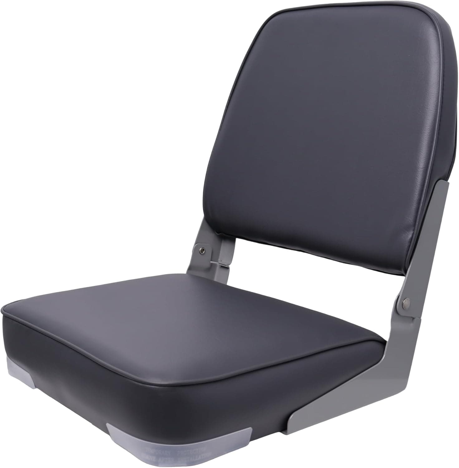 A utilitarian folding boat seat featuring a dark gray padded seat and backrest, supported by a light gray metal frame. The backrest is hinged to fold flat onto the seat for compact storage. — 3D model