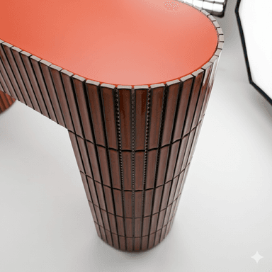 A console table with an organically curved top and a U-shaped base. The piece features a textured surface on the exterior of the base and the edges of the top, constructed from vertically aligned rectangular elements. The main body of the top and the interior of the base are finished in a solid, glossy reddish-brown color. — 3D model