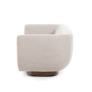A modern sofa with a curved silhouette and a low-profile, round wooden base. The upholstery is a textured, light-colored fabric. The armrests seamlessly blend into the backrest, creating a continuous, flowing form. The base consists of two prominent, rounded wooden elements supporting the main body of the sofa. — 3D model
