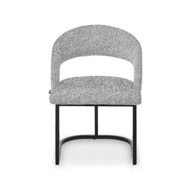 A modern accent chair with a curved silhouette. The seat and back are upholstered in a textured fabric with a speckled grey and white pattern. The base consists of a sled-style frame made of dark metal, featuring a curved front support. — 3D model