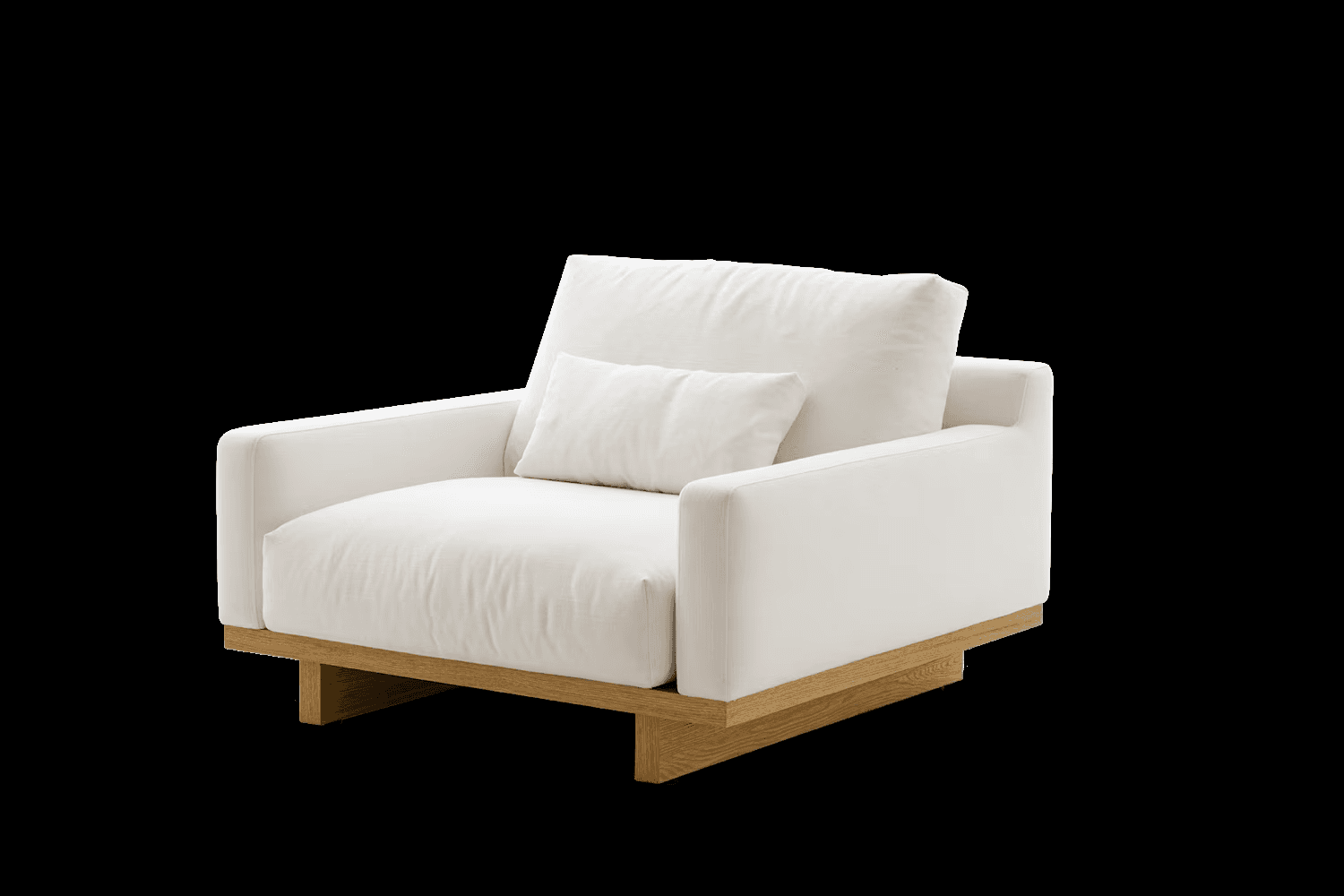A modern armchair with a low profile, featuring a wooden base and frame, upholstered in a textured white fabric. The armchair includes a large back cushion and a smaller lumbar cushion. The armrests are wide and upholstered, matching the seat and back cushions. The wooden base has a natural finish and a slightly geometric, layered design. — 3D model