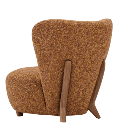 A small, upholstered armchair with a curved back and a rounded seat. It is supported by four short, tapered wooden legs. The upholstery has a textured appearance with a mix of brown, yellow, and purple fibers. — 3D model