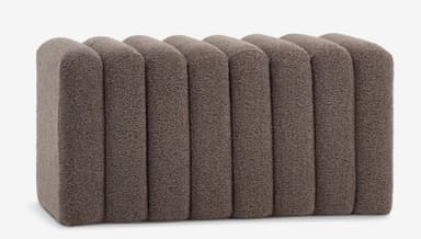 A contemporary, rectangular bench featuring a distinctive vertically fluted or ribbed design, fully upholstered in a textured brown fabric. The design is minimalist with rounded edges, suggesting a modern aesthetic. — 3D model