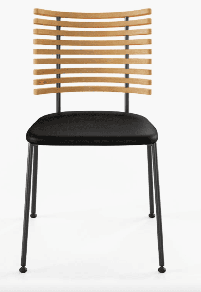 A modern dining chair featuring a natural wood slatted backrest and a black upholstered seat, supported by a minimalist black metal frame with thin legs. — 3D model
