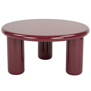 A round side table with a high-gloss, deep red finish and three cylindrical legs. The tabletop has a smooth, slightly rounded edge. — 3D model
