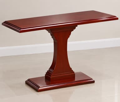 A narrow, rectangular console table featuring a single, central pedestal base, finished in a polished dark cherry wood. — 3D model