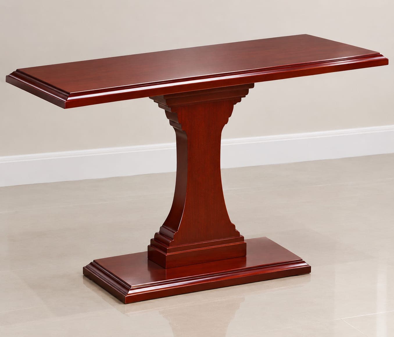 A narrow, rectangular console table featuring a single, central pedestal base, finished in a polished dark cherry wood. — 3D model