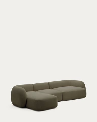 A contemporary modular sectional sofa featuring a left-hand facing chaise, upholstered in a dark olive green textured fabric, characterized by soft rounded edges and a low-profile design. — 3D model
