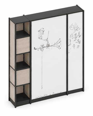 A modern modular furniture unit featuring a black metal frame, light wood-look laminate shelving with integrated drawers, and two large sliding whiteboard panels. The unit combines open storage shelves and closed drawer compartments on the left side with a prominent dry-erase surface on the right. — 3D model