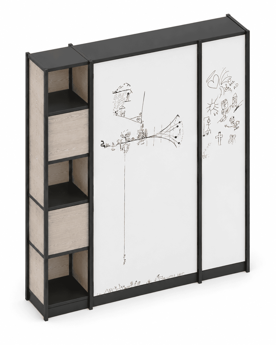 A modern modular furniture unit featuring a black metal frame, light wood-look laminate shelving with integrated drawers, and two large sliding whiteboard panels. The unit combines open storage shelves and closed drawer compartments on the left side with a prominent dry-erase surface on the right. — 3D model