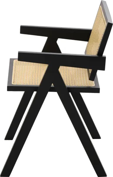 A modern armchair with a black wooden frame and cane weaving for the seat and backrest. The armchair features a distinctive angular design with a sloped backrest and armrests, supported by four angled legs. — 3D model
