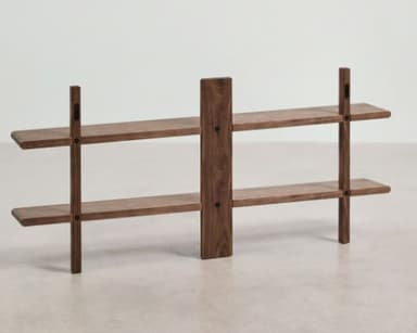 A wall-mounted bookshelf with two tiers of shelving. The unit features a central vertical support and two side vertical supports, with each shelf attached by visible screws. The overall design is minimalist and modern. — 3D model