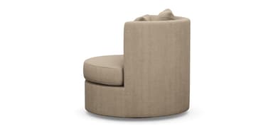 A contemporary upholstered round swivel chair in a neutral beige fabric, featuring a deep seat cushion and two back cushions for comfort. The chair has an integrated curved back and arms, and a full circular base allowing it to swivel. — 3D model