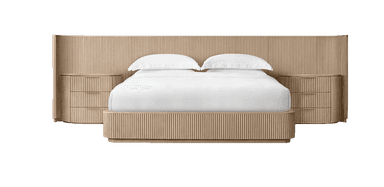 A contemporary wooden bed frame with an integrated headboard and side cabinets. The headboard is a large, vertically slatted panel that extends the full width of the bed and continues upwards. Attached to either side of the headboard are curved side panels. Built into the base of the bed frame and extending from underneath the headboard are two matching cabinets, each featuring three drawers with integrated pulls. The bed is dressed with white bedding, including two pillows. — 3D model