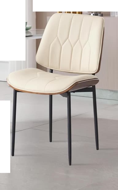 A dining chair with a curved, padded seat and backrest. The seat and backrest appear to be upholstered in a light-colored faux leather with decorative stitching. The chair has a thin wooden trim around the seat and backrest, and black metal legs. Dimensions are indicated for the backrest height (15.15 inches) and seat width (19.69 inches). — 3D model