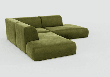 A modular sectional sofa, upholstered in a textured olive green fabric. The design features clean lines with rounded edges on the corner piece and ottoman-like extension. It appears to be constructed from multiple independent modules that can be reconfigured. — 3D model