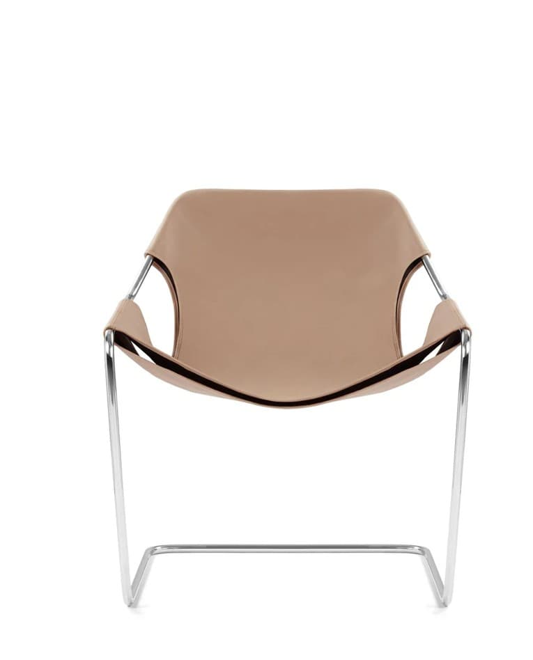 A modern accent chair with a sleek, minimalist design. The seat and backrest are formed from a single piece of smooth, tan-colored material, possibly leather or a high-quality synthetic, which drapes over a polished metal frame. The frame is constructed from bent metal tubes, forming a continuous structure that supports the seat and extends to create the legs. The overall aesthetic is clean and contemporary, with a focus on form and material. — 3D model
